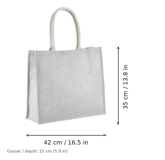 Borsa mare in juta grigio freddo con stampa personalizzata, 330 g/m², 42 × 35 cm con soffietto da 15 cm, con misure di larghezza e altezza