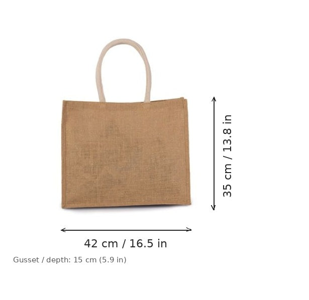 Bolsa de yute para playa color crudo natural y dorado con estampado personalizado, 330 g/m², 42 × 35 cm con fuelle de 15 cm, con medidas de ancho y alto