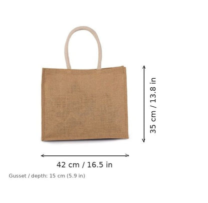 Bolsa de yute para playa color crudo natural y dorado con estampado personalizado, 330 g/m², 42 × 35 cm con fuelle de 15 cm, con medidas de ancho y alto