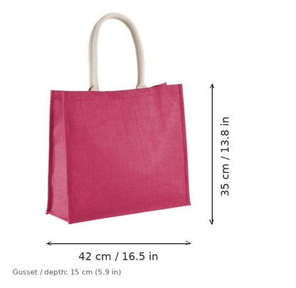 Borsa mare in juta rosa fucsia con stampa personalizzata, 330 g/m², 42 × 35 cm con soffietto da 15 cm, con misure di larghezza e altezza