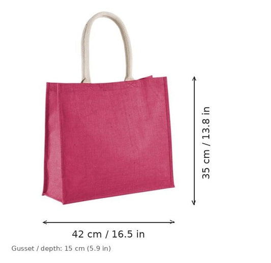 Borsa mare in juta rosa fucsia con stampa personalizzata, 330 g/m², 42 × 35 cm con soffietto da 15 cm, con misure di larghezza e altezza