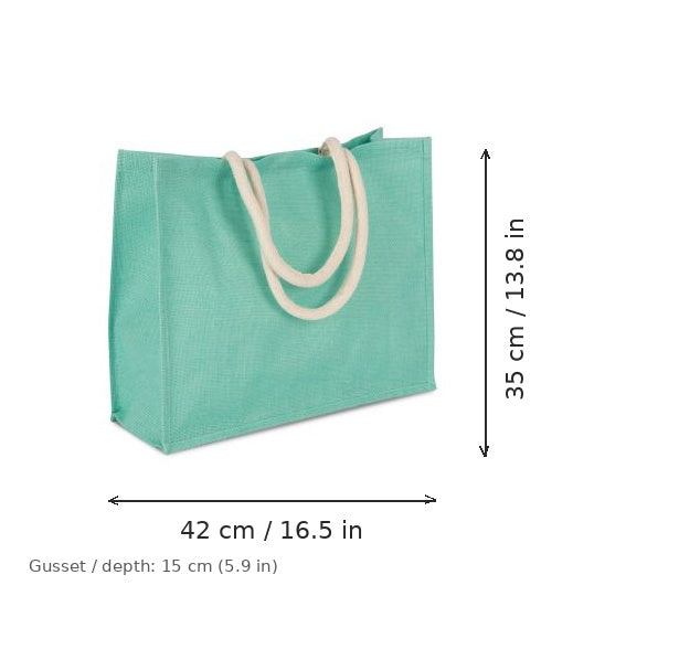 Bolsa de yute para playa verde menta hielo con estampado personalizado, 330 g/m², 42 × 35 cm con fuelle de 15 cm, con medidas de ancho y alto