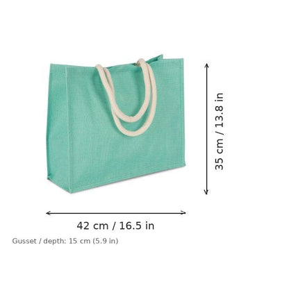 Bolsa de yute para playa verde menta hielo con estampado personalizado, 330 g/m², 42 × 35 cm con fuelle de 15 cm, con medidas de ancho y alto
