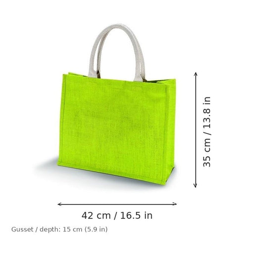 Borsa mare in juta verde lime con stampa personalizzata, 330 g/m², 42 × 35 cm con soffietto da 15 cm, con misure di larghezza e altezza
