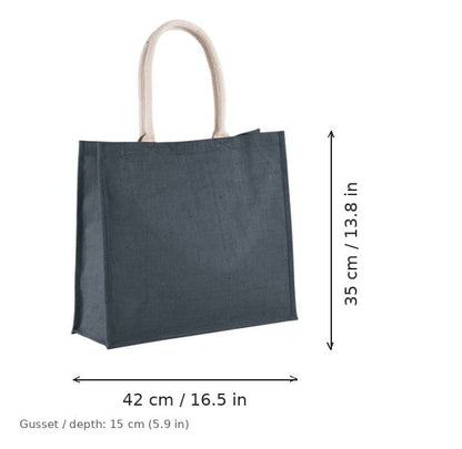 Borsa mare in juta blu notte con stampa personalizzata, 330 g/m², 42 × 35 cm con soffietto da 15 cm, con misure di larghezza e altezza