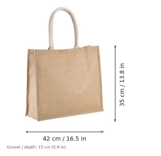 Borsa mare in juta ecru naturale con stampa personalizzata, 330 g/m², 42 × 35 cm con soffietto da 15 cm, con misure di larghezza e altezza