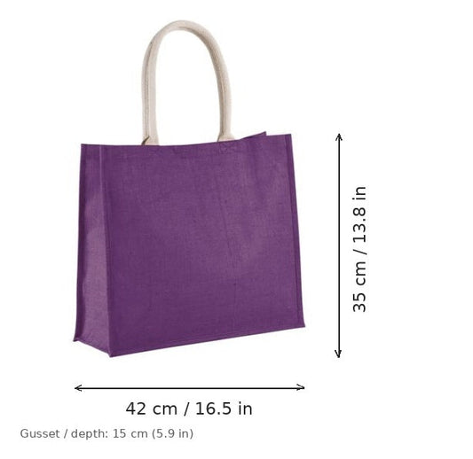 Borsa mare in juta viola prugna con stampa personalizzata, 330 g/m², 42 × 35 cm con soffietto da 15 cm, con misure di larghezza e altezza