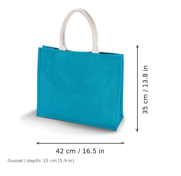 Bolsa de yute para playa azul turquesa con estampado personalizado, 330 g/m², 42 × 35 cm con fuelle de 15 cm, con medidas de ancho y alto