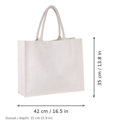 Bolsa de yute para playa blanca con estampado personalizado, 330 g/m², 42 × 35 cm con fuelle de 15 cm, con medidas de ancho y alto
