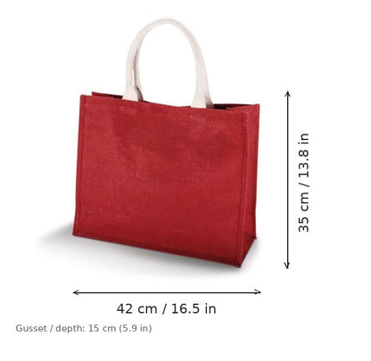 Borsa mare in juta rosso vino con stampa personalizzata, 330 g/m², 42 × 35 cm con soffietto da 15 cm, con misure di larghezza e altezza