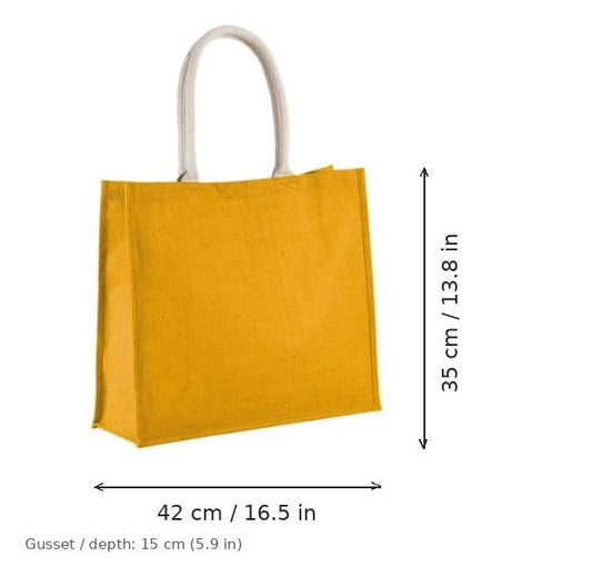 Borsa mare in juta gialla con stampa personalizzata, 330 g/m², 42 × 35 cm con soffietto da 15 cm, con misure di larghezza e altezza