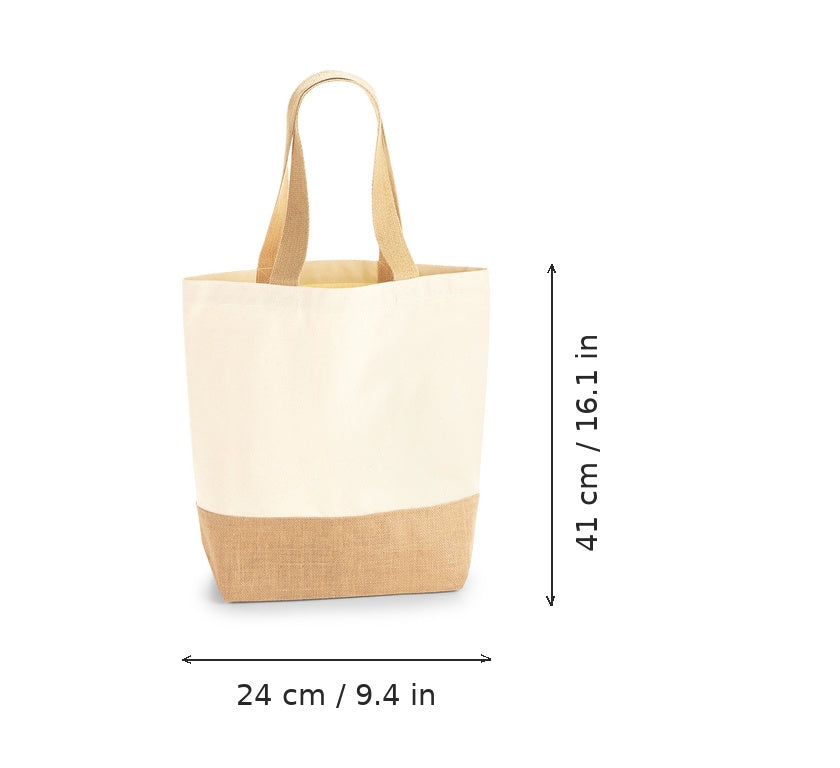 Shopper in juta con soffietto sul fondo naturale e stampa personalizzata, 407 g/m², 24 × 41 cm, con misure di larghezza e altezza