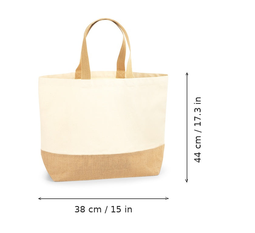 Borsa in juta con soffietto sul fondo naturale e stampa personalizzata, XL, 407 g/m², 38 × 44 cm, con misure di larghezza e altezza