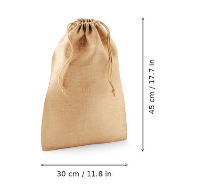 Natural jute drawstring bag with logo print, 300 g/m², size M 30 × 45 cm, shown with width and height measurement markings