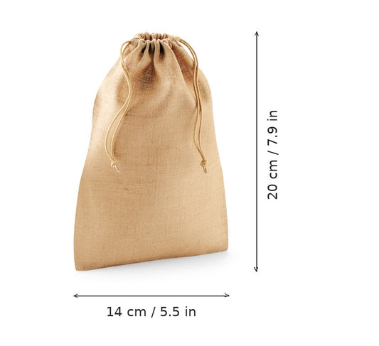 Natural jute drawstring bag with logo print, 300 g/m², size XS 14 × 20 cm, shown with width and height measurement markings