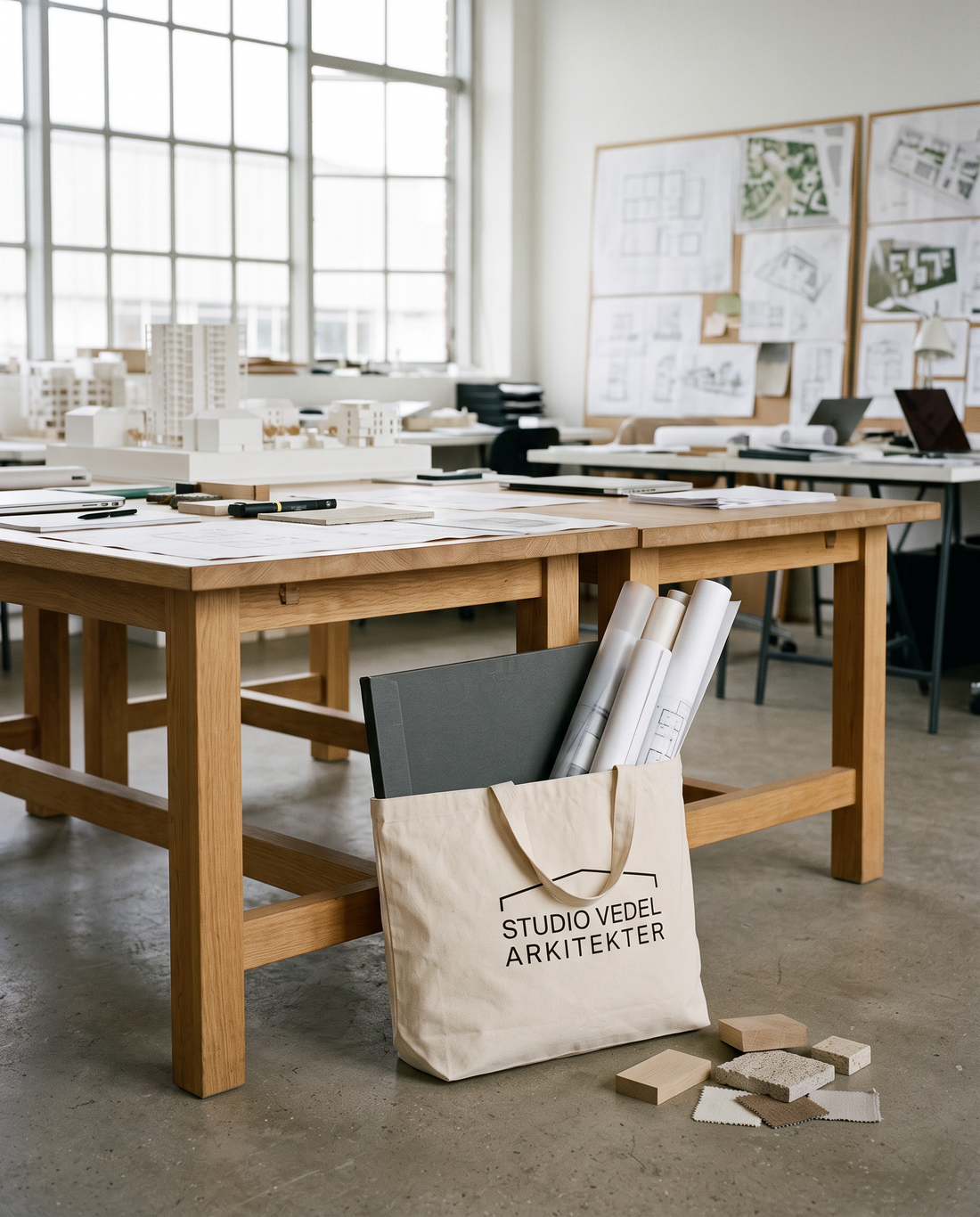 Grand tote bag personnalisé en coton naturel avec le logo d'un cabinet d'architectes, contenant des plans A3 roulés, à côté d'échantillons de matériaux