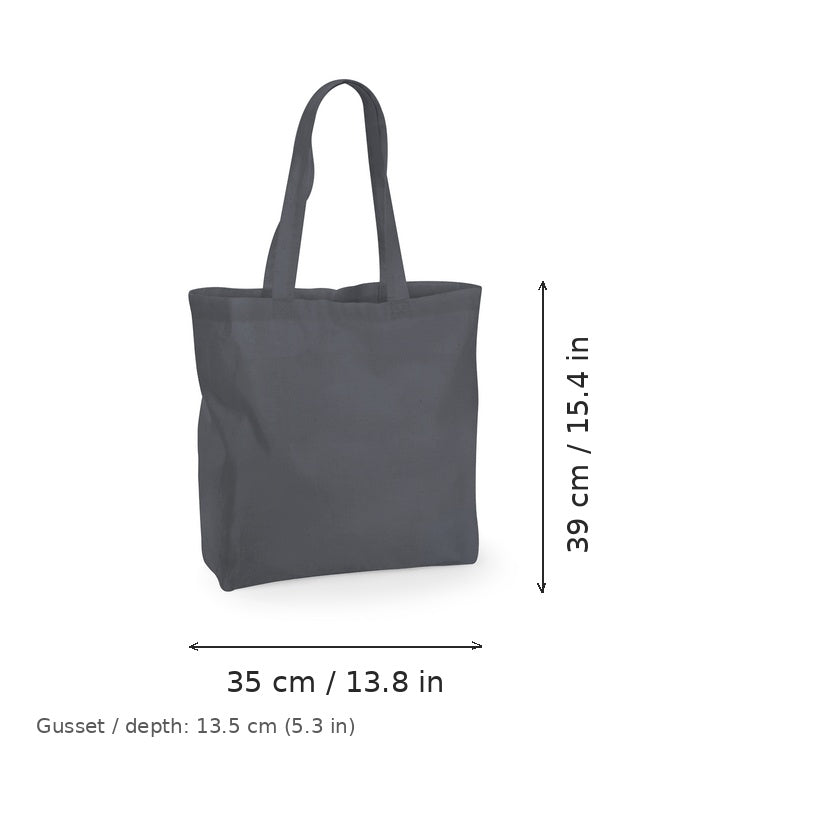 Bolsa de algodón grande con fuelle en gris grafito con estampado personalizado, 140 g/m², 35 × 39 cm con fuelle de 13.5 cm, con medidas de ancho y alto