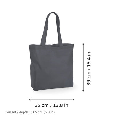 Bolsa de algodón grande con fuelle en gris grafito con estampado personalizado, 140 g/m², 35 × 39 cm con fuelle de 13.5 cm, con medidas de ancho y alto