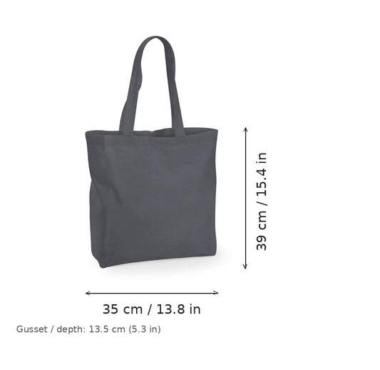 Borsa grande in cotone con soffietto grigio grafite con stampa personalizzata, 140 g/m², 35 × 39 cm con soffietto da 13,5 cm, con misure di larghezza e altezza