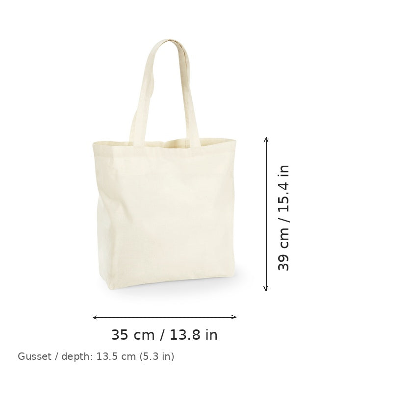 Bolsa de algodón grande con fuelle en blanco natural con estampado personalizado, 140 g/m², 35 × 39 cm con fuelle de 13.5 cm, con medidas de ancho y alto