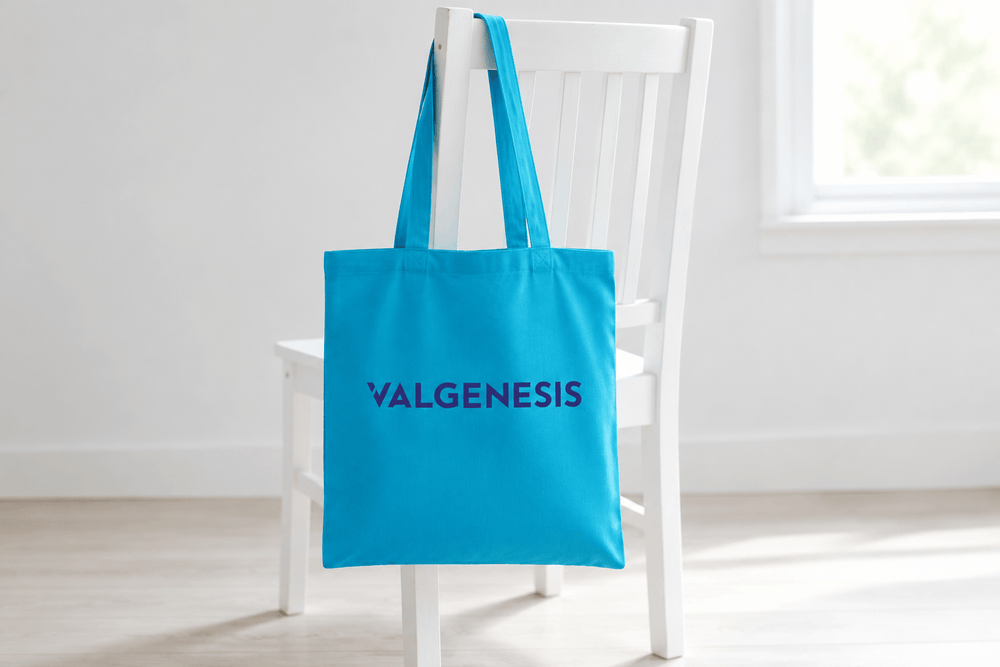 Vaaleansininen kangaskassi logopainatuksella