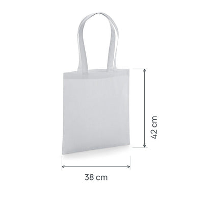 Vaaleanharmaa GOTS-sertifioitu luomupuuvillainen premium-kangaskassi, 200 g/m², 38 × 42 cm, korkeus- ja leveysmitat merkittyinä