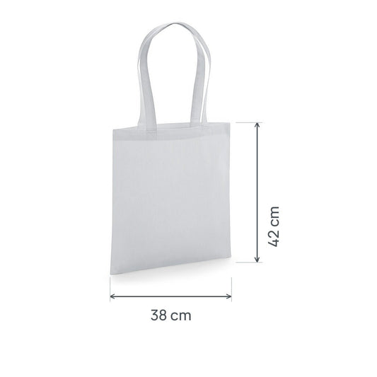 Light Grey GOTS certified organic premium cotton tote bag, 200 g/m², 38 × 42 cm, shown with height and width measurement markings