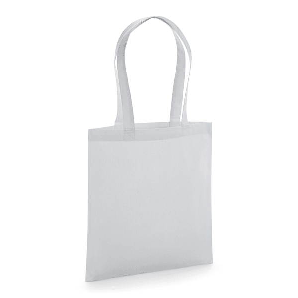 Vaaleanharmaa GOTS-sertifioitu luomupuuvillainen premium-kangaskassi pitkillä kantokahvoilla ja omalla logopainatuksella, 200 g/m², 38 × 42 cm