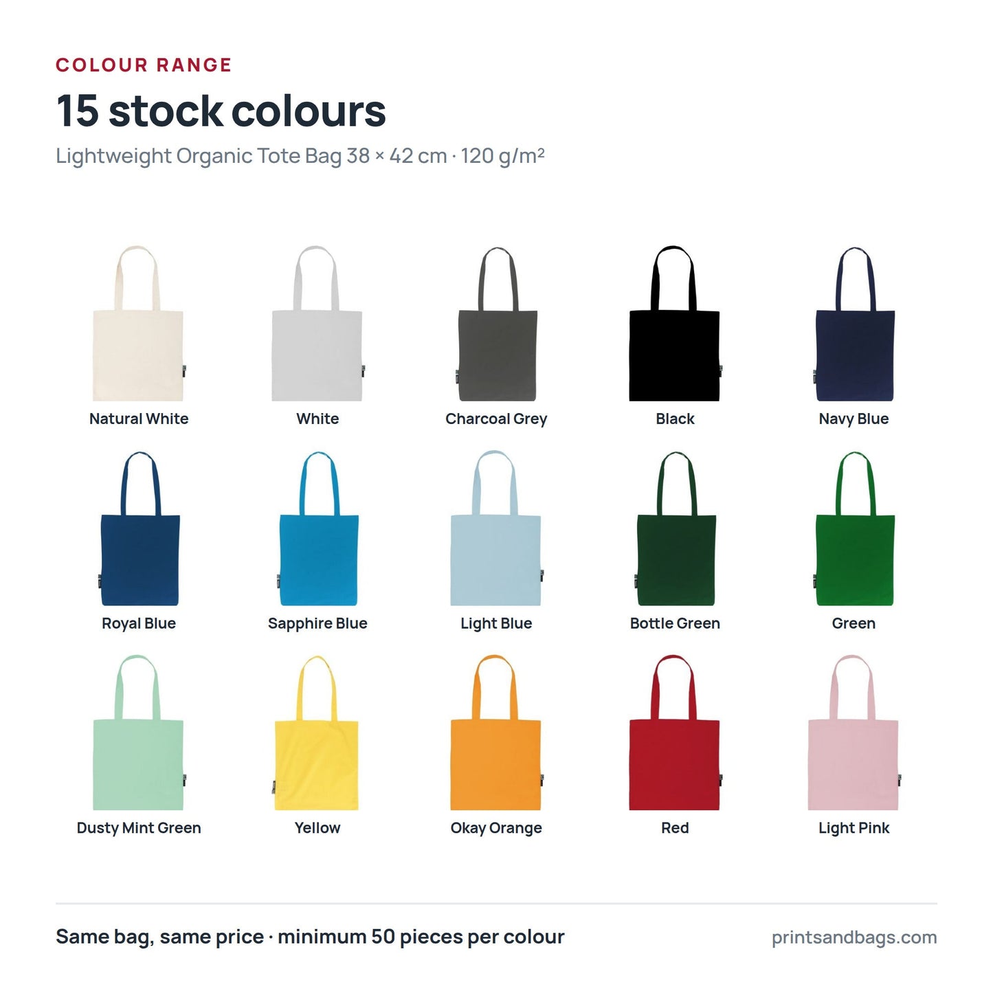All 15 stock colours of the 38 × 42 cm lightweight organic cotton tote bag with logo print, 120 g/m²