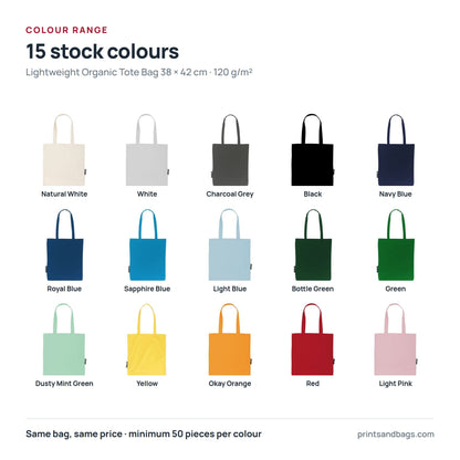All 15 stock colours of the 38 × 42 cm lightweight organic cotton tote bag with logo print, 120 g/m²