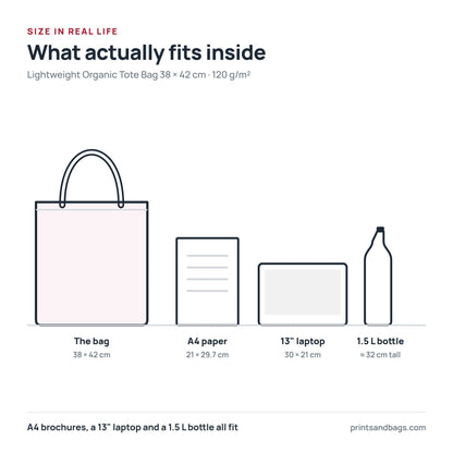 Size comparison of the 38 × 42 cm organic cotton tote bag with A4 paper, a 13-inch laptop and a 1.5 litre bottle, drawn to scale