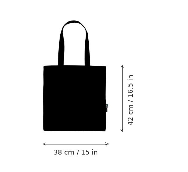 Black lightweight organic cotton tote bag with logo print, 120 g/m², 38 × 42 cm, shown with width and height measurement markings