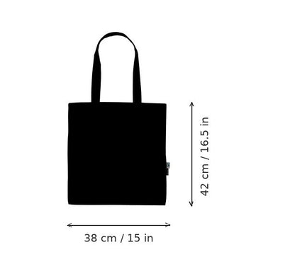Black lightweight organic cotton tote bag with logo print, 120 g/m², 38 × 42 cm, shown with width and height measurement markings