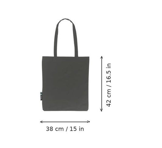 Charcoal grey lightweight organic cotton tote bag with logo print, 120 g/m², 38 × 42 cm, shown with width and height measurement markings