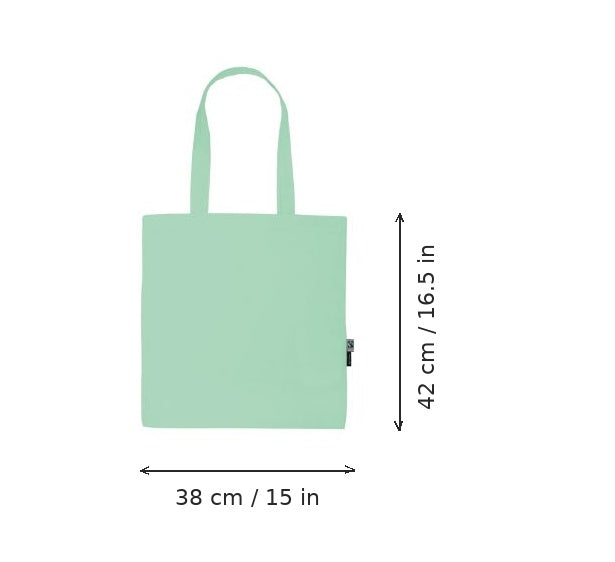 Dusty mint lightweight organic cotton tote bag with logo print, 120 g/m², 38 × 42 cm, shown with width and height measurement markings