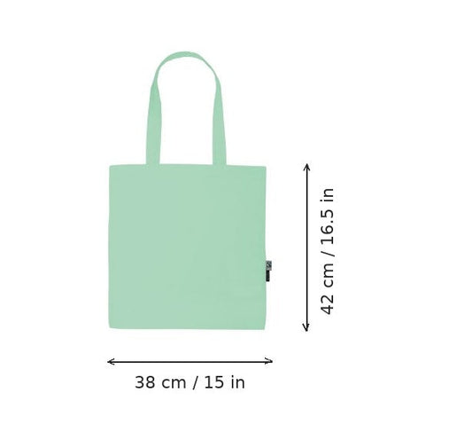 Dusty mint lightweight organic cotton tote bag with logo print, 120 g/m², 38 × 42 cm, shown with width and height measurement markings