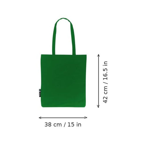 Green lightweight organic cotton tote bag with logo print, 120 g/m², 38 × 42 cm, shown with width and height measurement markings