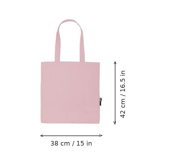 Light pink lightweight organic cotton tote bag with logo print, 120 g/m², 38 × 42 cm, shown with width and height measurement markings