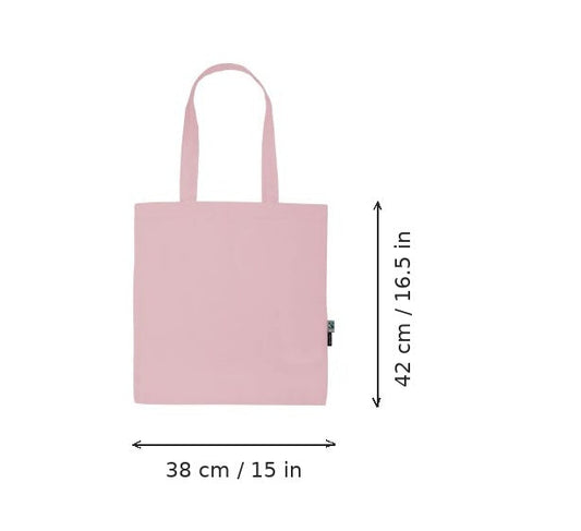 Light pink lightweight organic cotton tote bag with logo print, 120 g/m², 38 × 42 cm, shown with width and height measurement markings