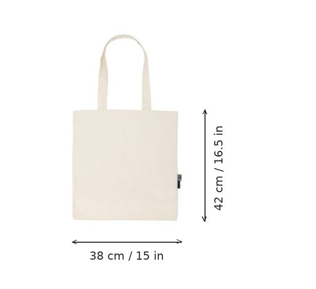 Natural lightweight organic cotton tote bag with logo print, 120 g/m², 38 × 42 cm, shown with width and height measurement markings