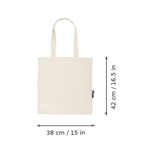 Natural lightweight organic cotton tote bag with logo print, 120 g/m², 38 × 42 cm, shown with width and height measurement markings