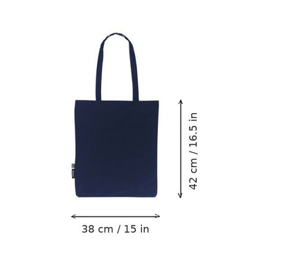Navy lightweight organic cotton tote bag with logo print, 120 g/m², 38 × 42 cm, shown with width and height measurement markings