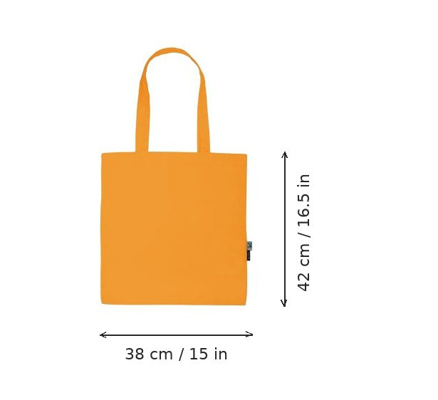 Okay orange lightweight organic cotton tote bag with logo print, 120 g/m², 38 × 42 cm, shown with width and height measurement markings