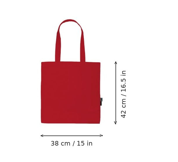 Red lightweight organic cotton tote bag with logo print, 120 g/m², 38 × 42 cm, shown with width and height measurement markings