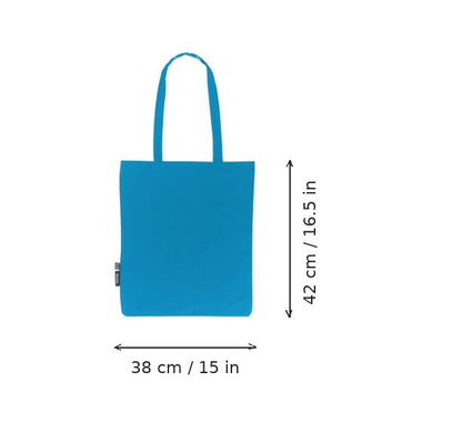 Sapphire blue lightweight organic cotton tote bag with logo print, 120 g/m², 38 × 42 cm, shown with width and height measurement markings