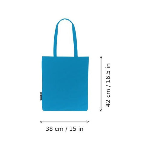 Sapphire blue lightweight organic cotton tote bag with logo print, 120 g/m², 38 × 42 cm, shown with width and height measurement markings