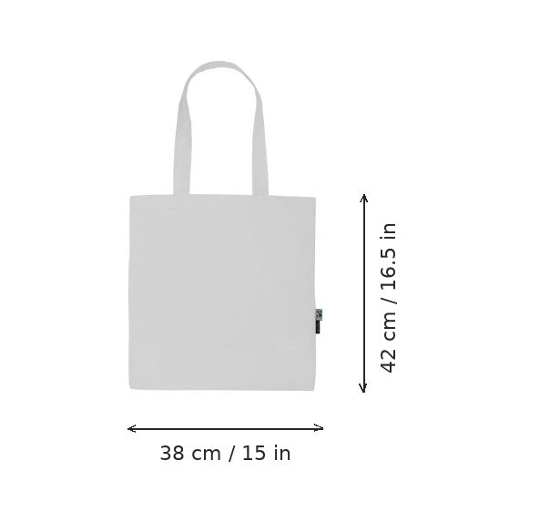 White lightweight organic cotton tote bag with logo print, 120 g/m², 38 × 42 cm, shown with width and height measurement markings