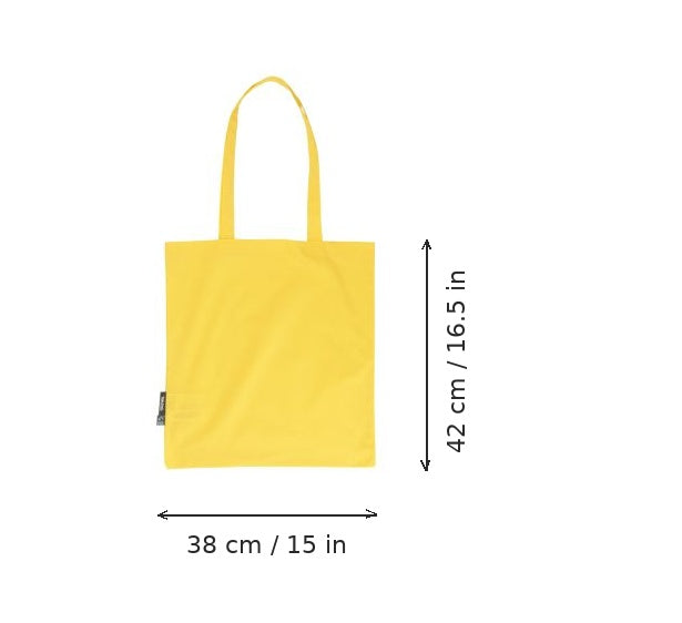 Yellow lightweight organic cotton tote bag with logo print, 120 g/m², 38 × 42 cm, shown with width and height measurement markings