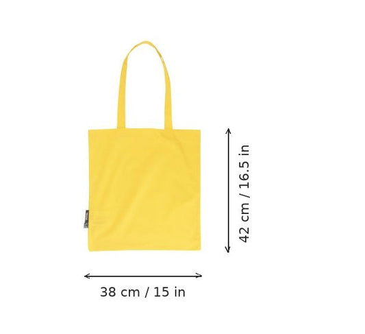 Yellow lightweight organic cotton tote bag with logo print, 120 g/m², 38 × 42 cm, shown with width and height measurement markings