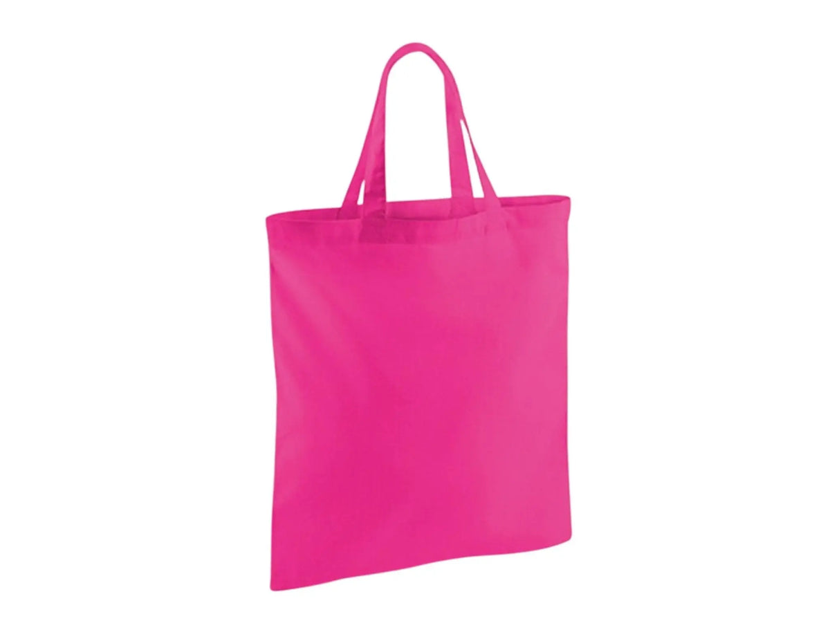 Fuchsia cotton tote bag with short handles and custom logo print, 140 g/m², 38 × 42 cm